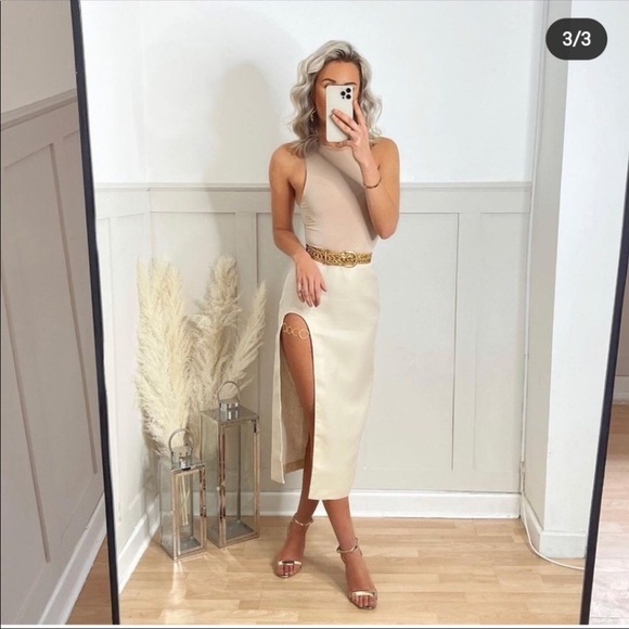 New Zara Midi Skirt 100% Linen Gold Detail - Picture 12 of 16